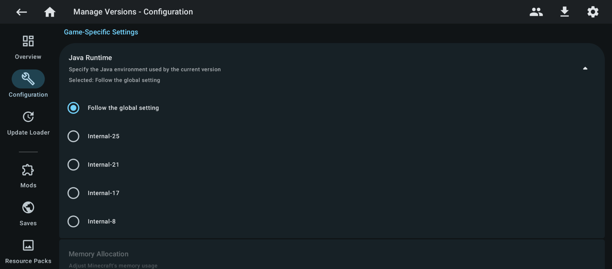 Instance Java Runtime setting