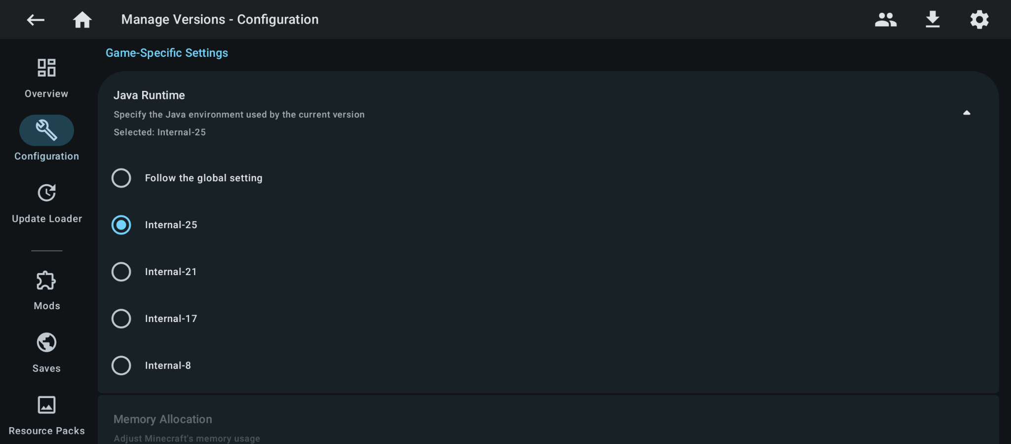 Select Internal-25 Java runtime